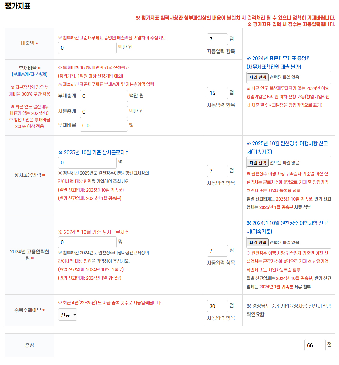 평가지표 입력 화면